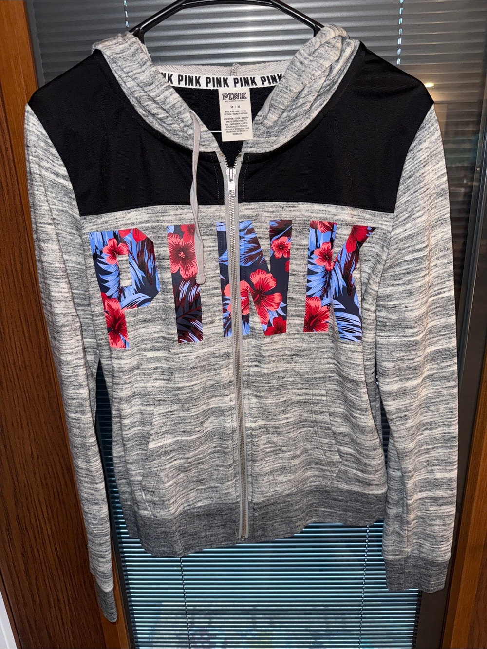 PINK Victoria's Secret Heather Gray Zip Hoodie with Floral PINK Logo